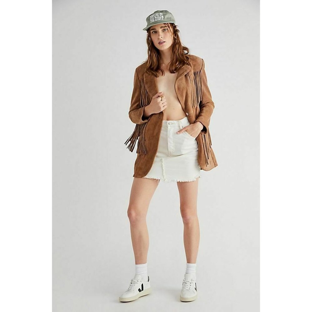 Free People We The Free Brea Distressed Denim Skirt Frayed Hem Deco White 31 Nwt - Picture 2 of 8